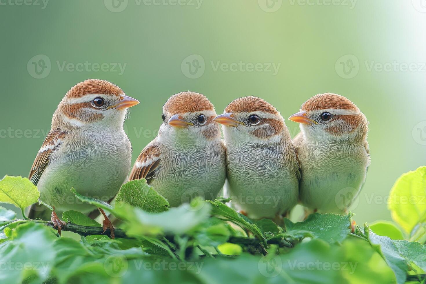 Four Young Sparrows Perched on Green Leaves photo