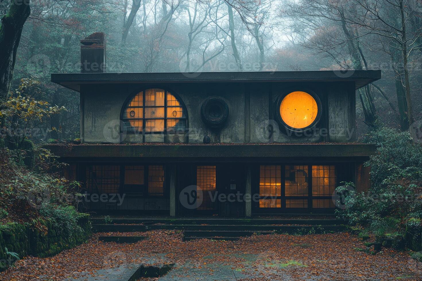 Forest House With Illuminated Windows At Dusk photo