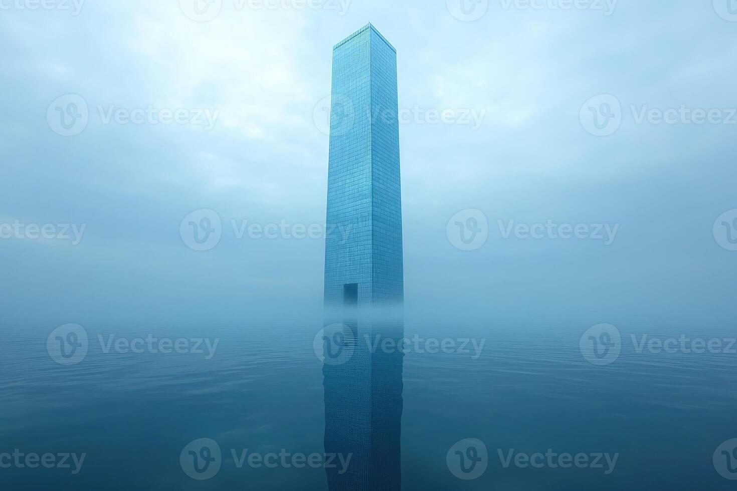 Glass Skyscraper Rising From Misty Water photo