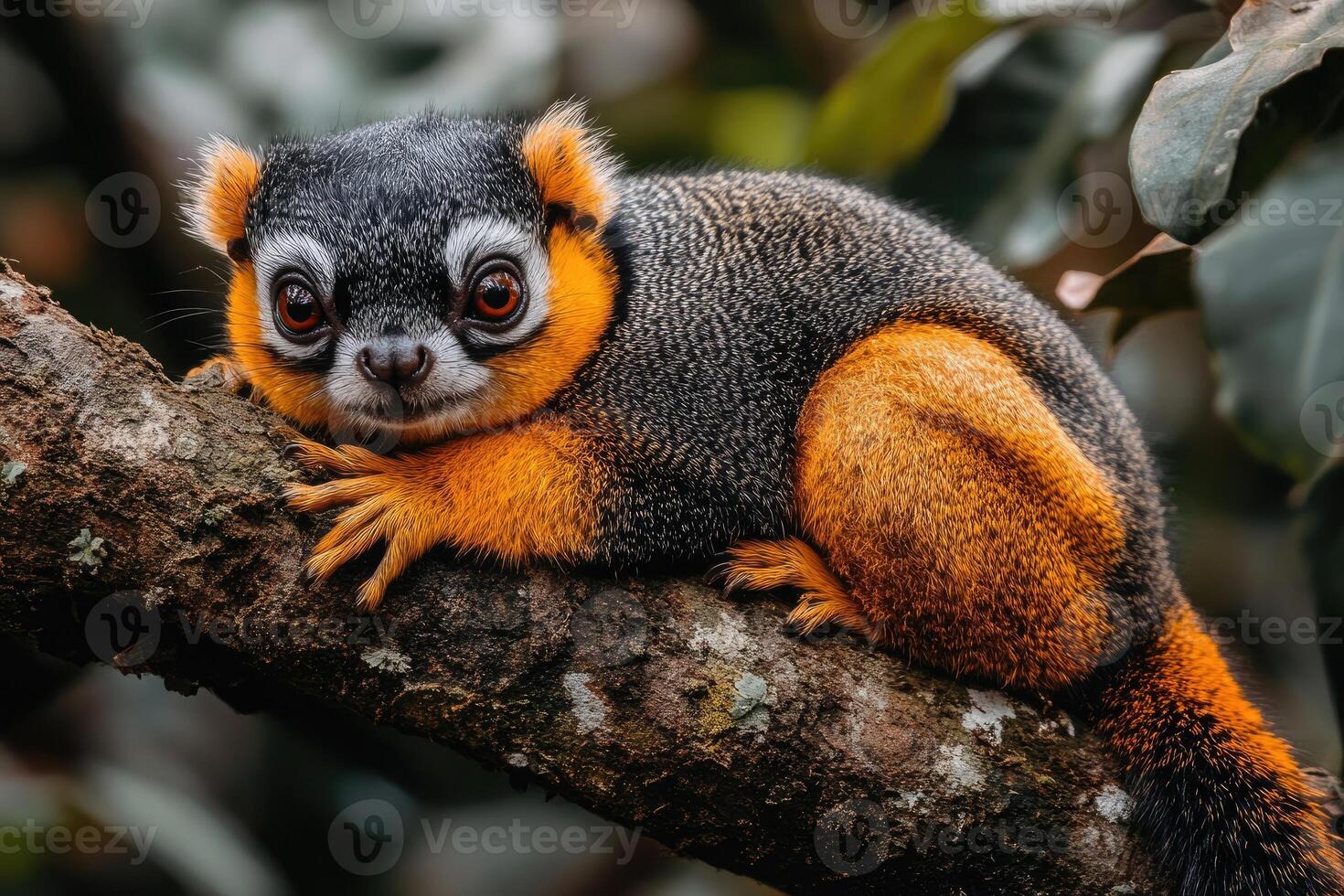 Golden mantled tamarin perched on a tree branch photo