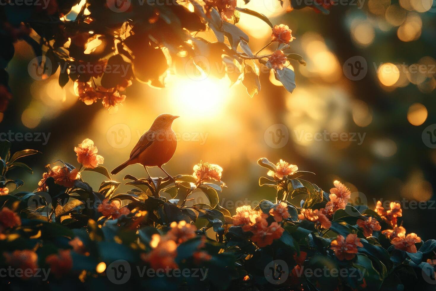 Golden Sunset Bird Perched Among Blossoms photo