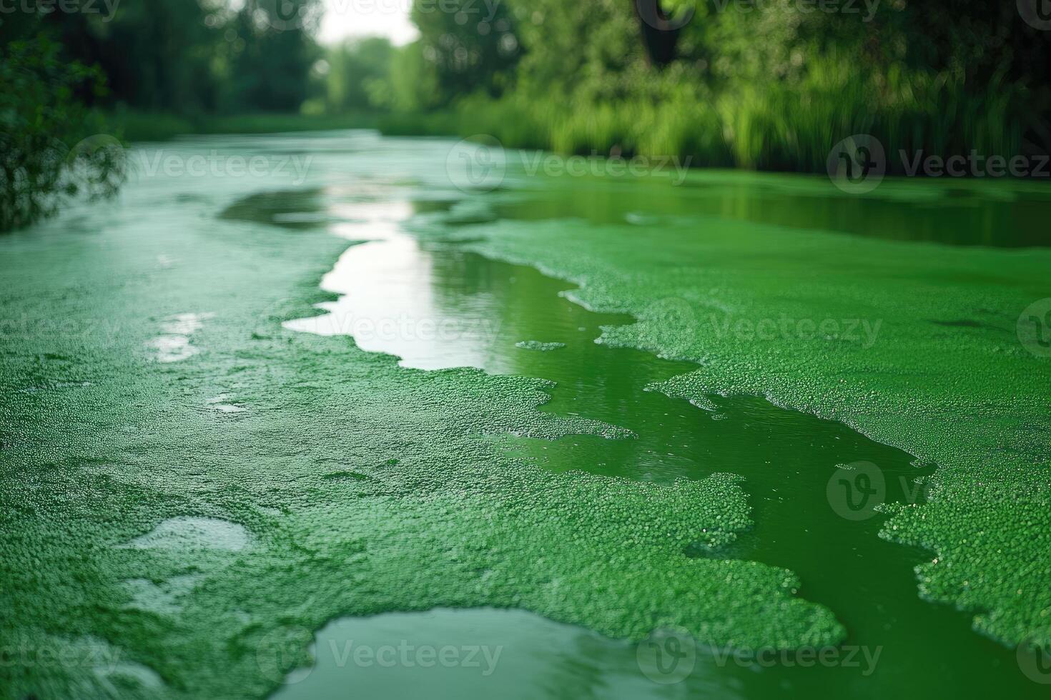Green Algae Bloom Covers River Water Surface photo