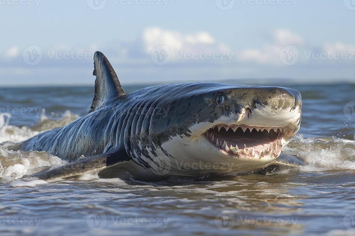 Great White Shark Emerging From Ocean Waves photo