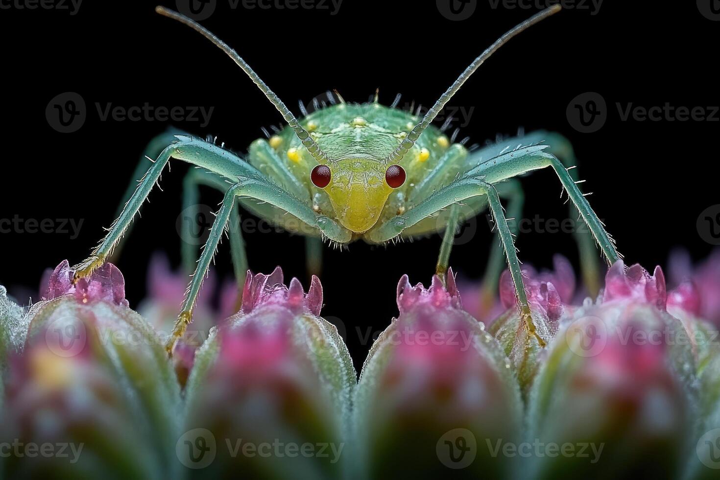 Green Insect Perched on Pink Flower Buds photo