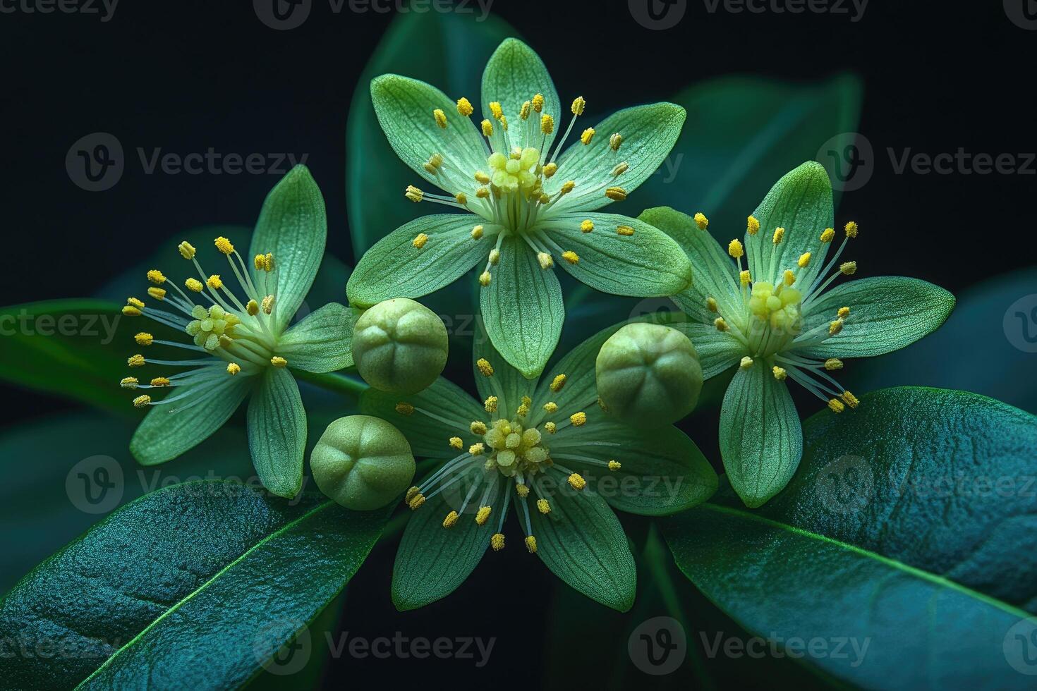 Green Flowers with Yellow Centers and Buds photo