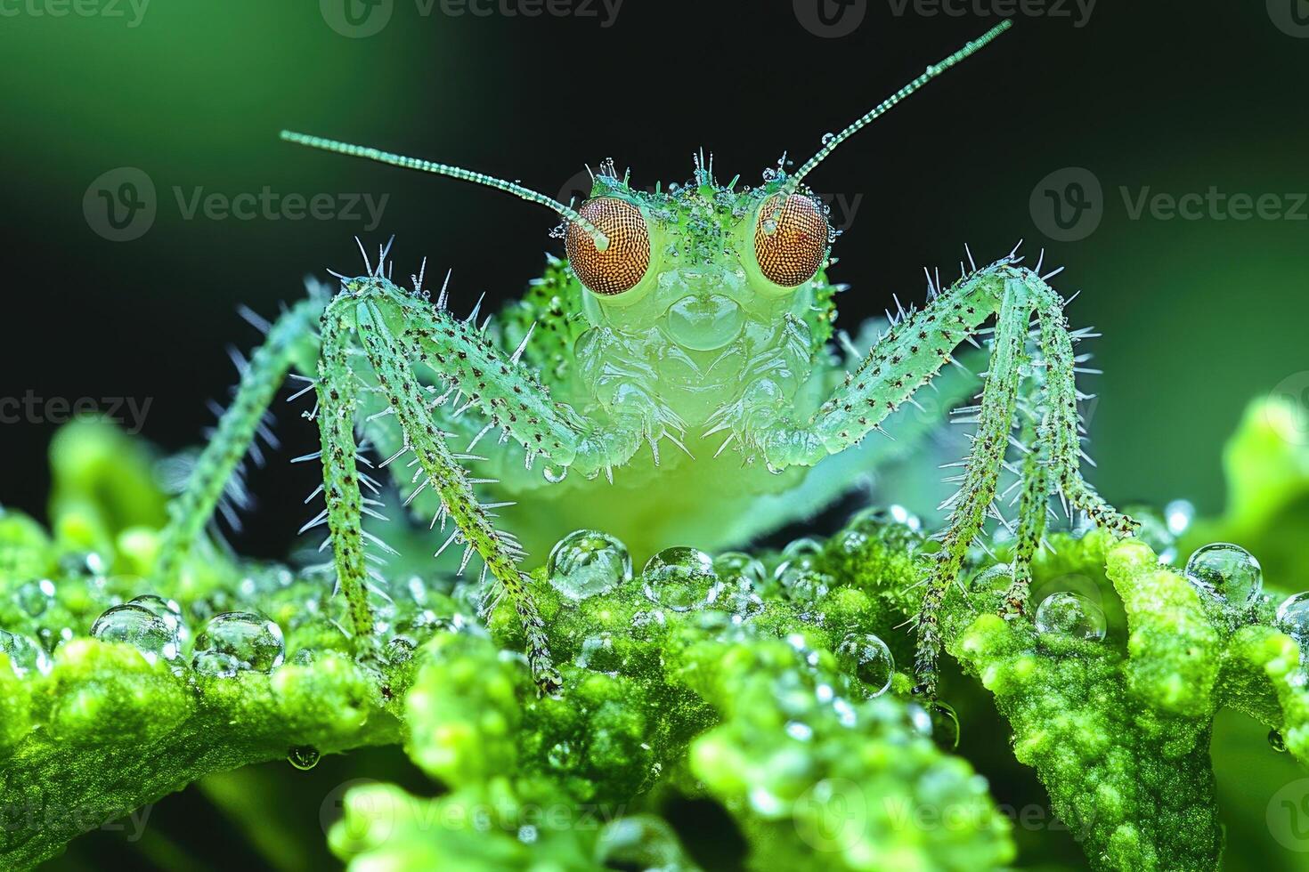 Green Insect on Dew Covered Moss Plant photo