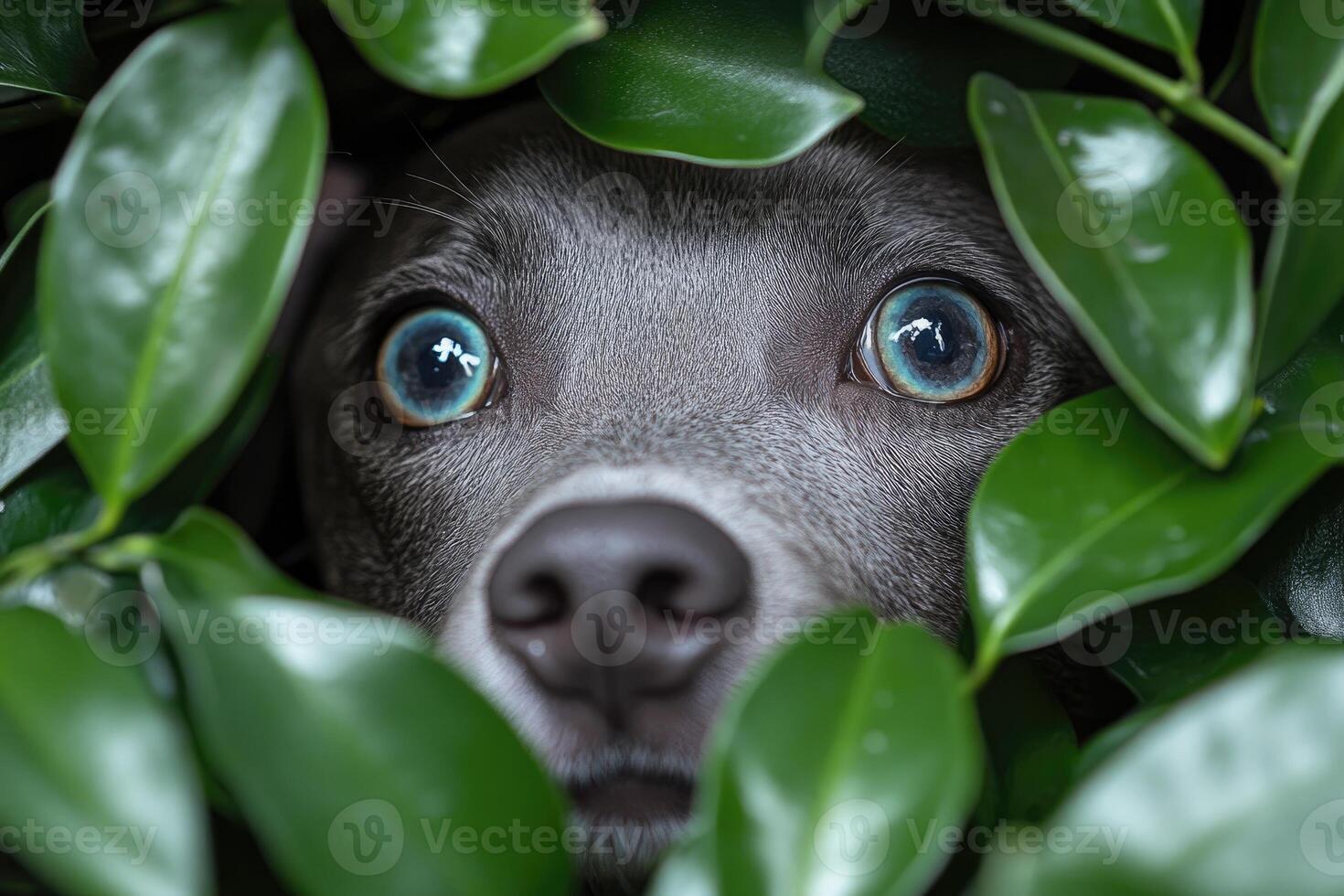 Grey Dog Hiding Among Lush Green Leaves photo