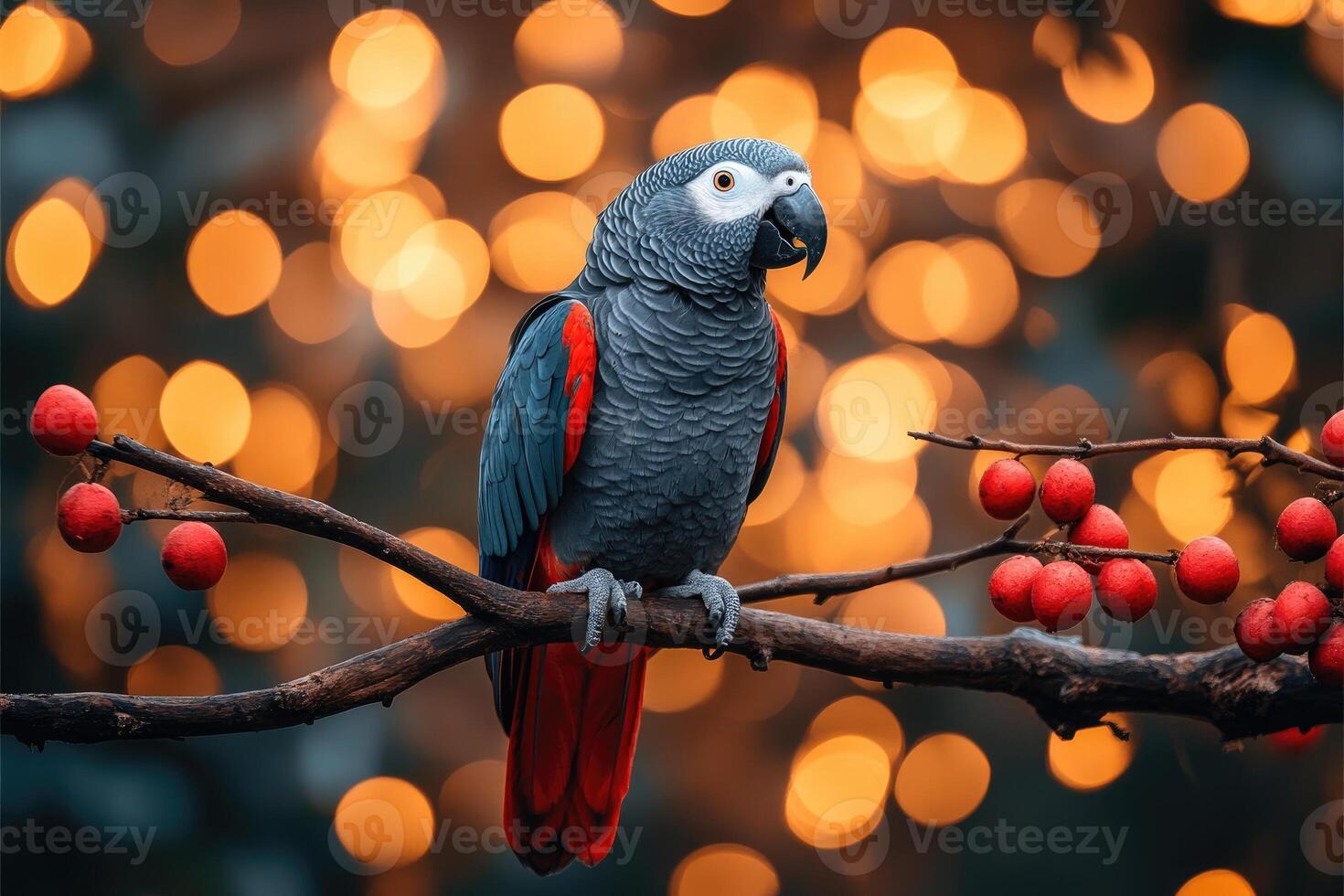 Grey Parrot Perched On Branch With Festive Lights photo