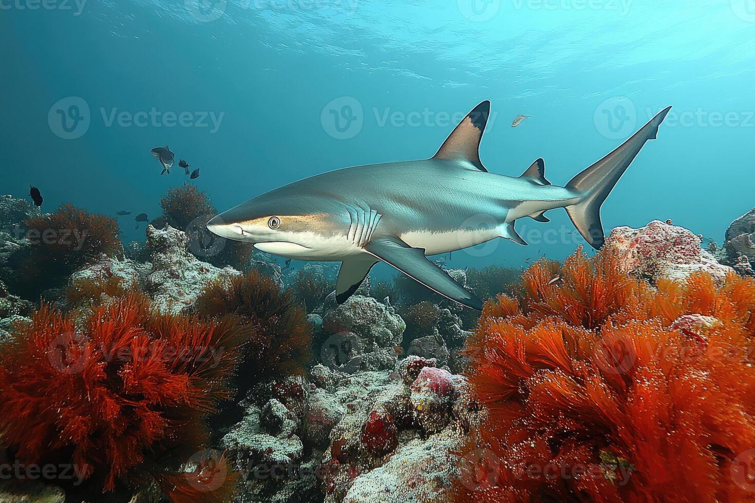 Grey Reef Shark Swimming Near Coral Reef photo