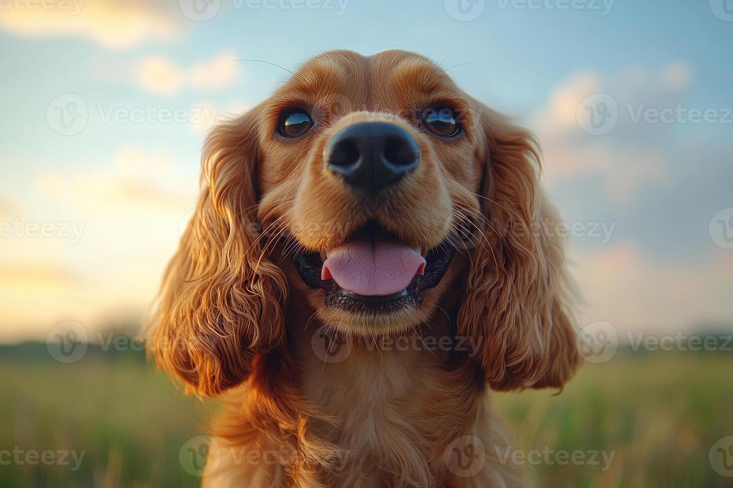 Happy Cocker Spaniel Dog Outdoors at Sunset photo