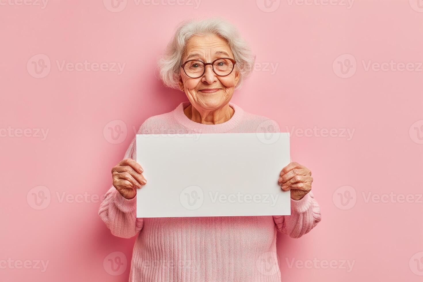 Happy senior woman holding blank white paper photo