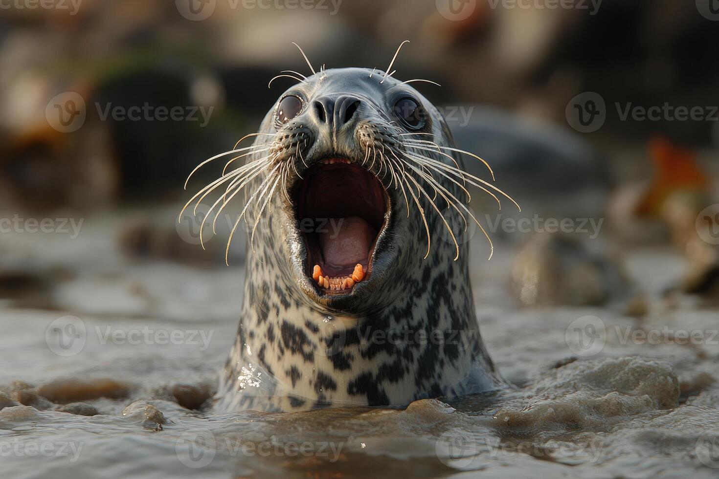 Harbor Seal Yawning In Shallow Water photo