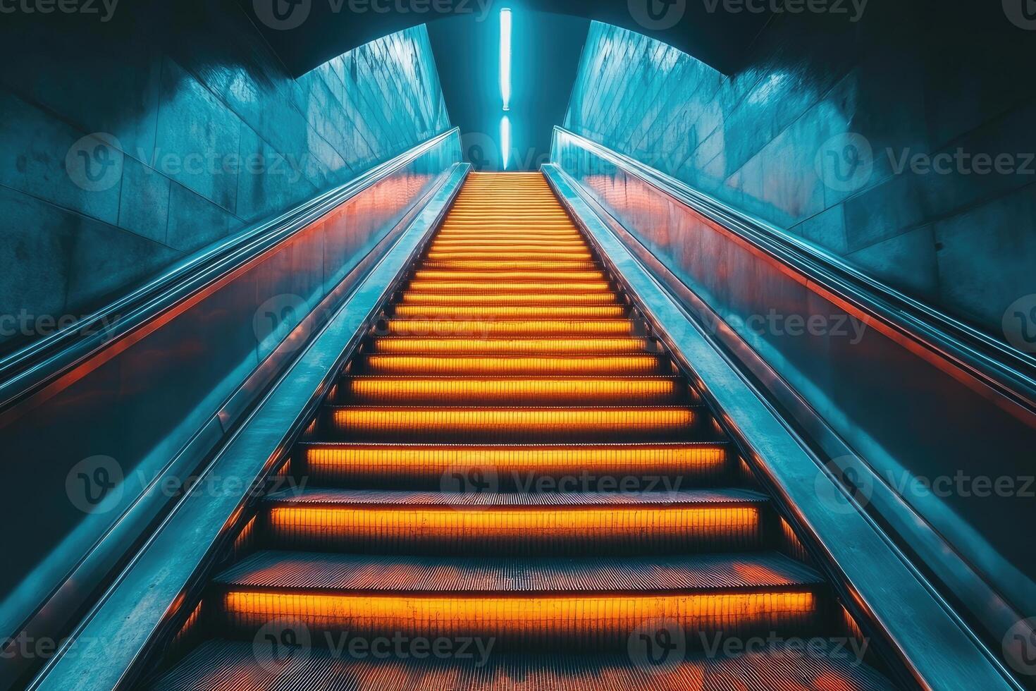 Illuminated Escalator Ascending in a Subway Tunnel photo