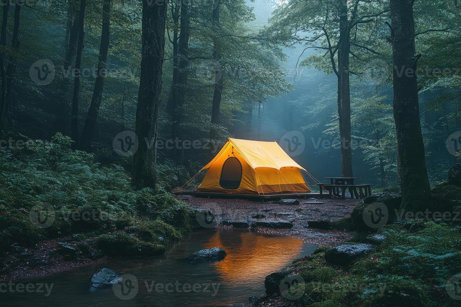 Illuminated Tent Campsite In Misty Forest Stream photo