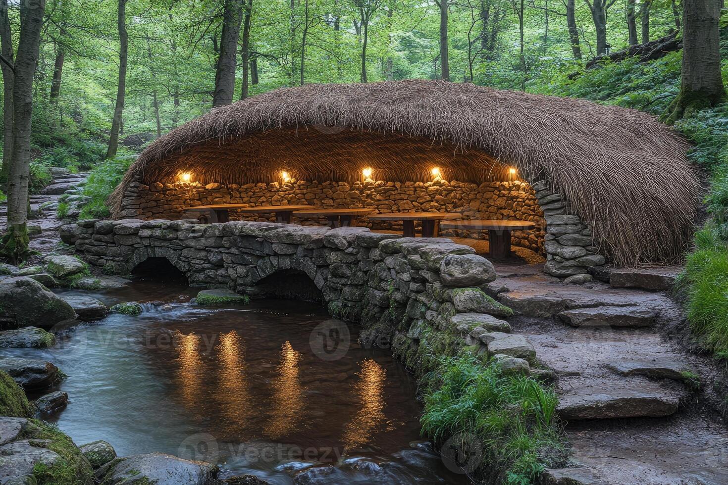 Illuminated Stone Shelter Bridge Over Forest Stream photo