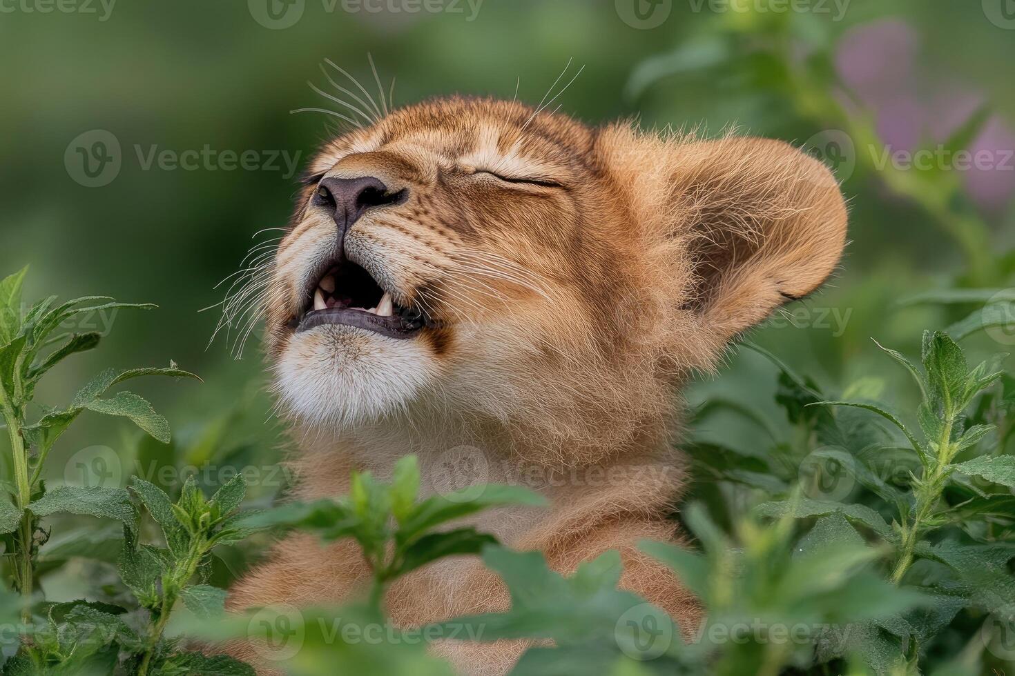 Lion Cub Yawning Amidst Lush Green Foliage photo