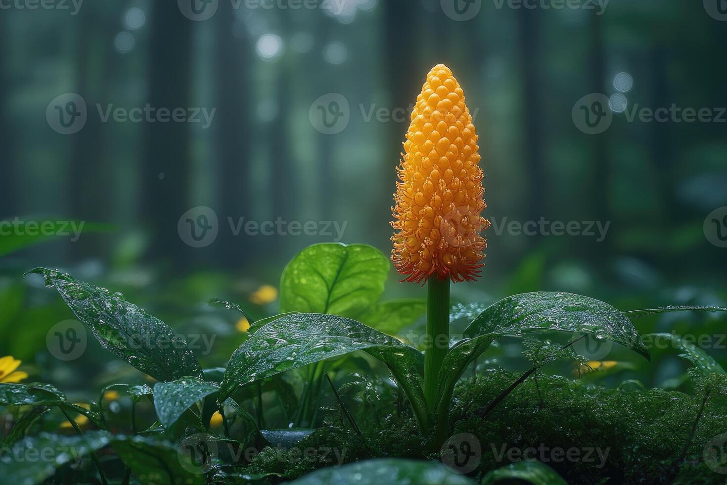 Luminous Yellow Flower in a Misty Forest photo