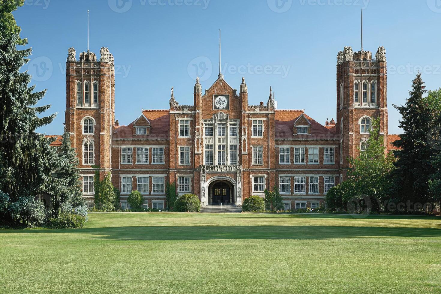 Majestic Brick Building With Twin Towers And Green Lawn photo
