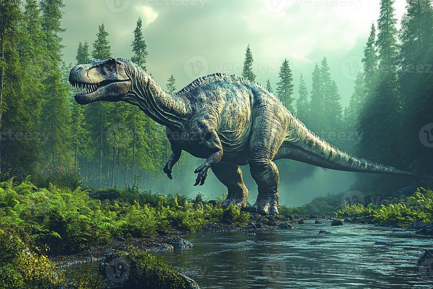 Majestic Dinosaur Roaming Ancient Forest Stream photo