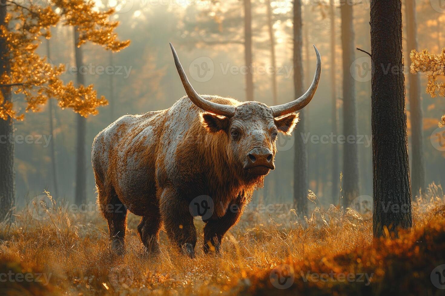 Majestic Long Horned Bull in Autumn Forest photo