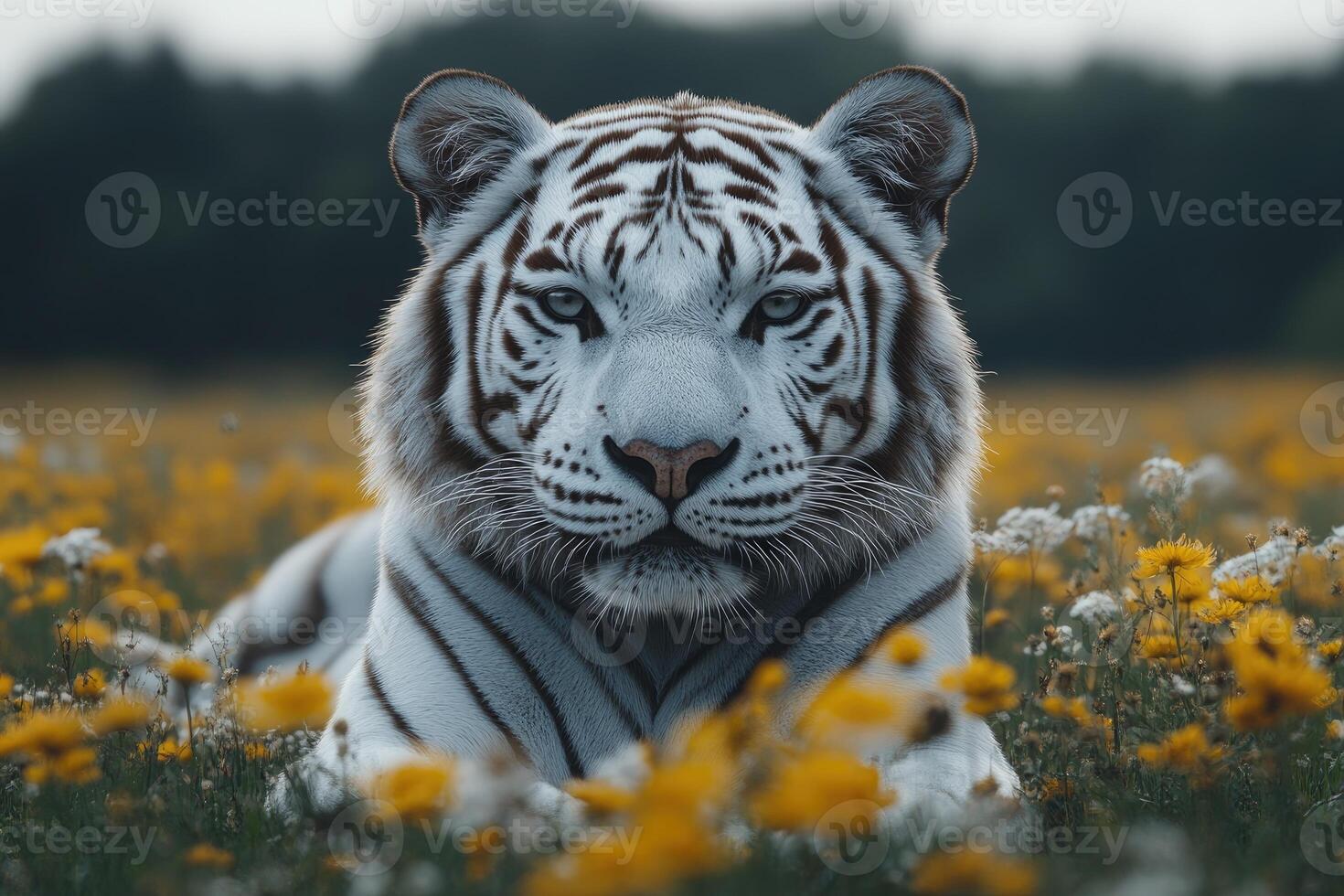Majestic White Tiger Resting In A Field Of Flowers photo