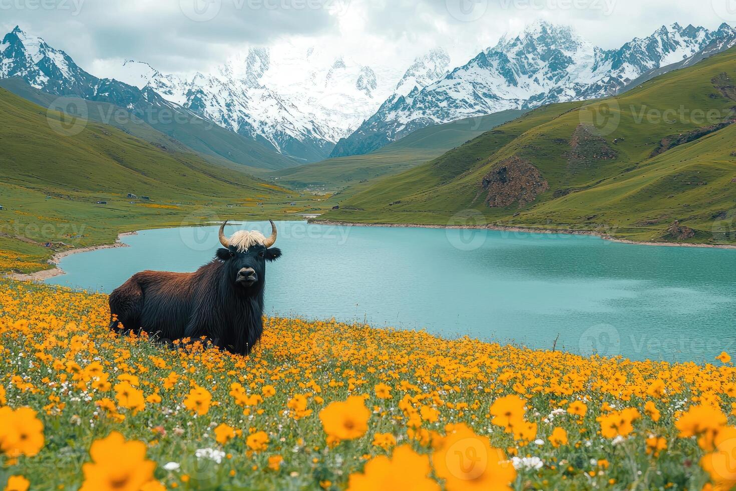 Majestic Yak Stands in Mountain Meadow Landscape photo