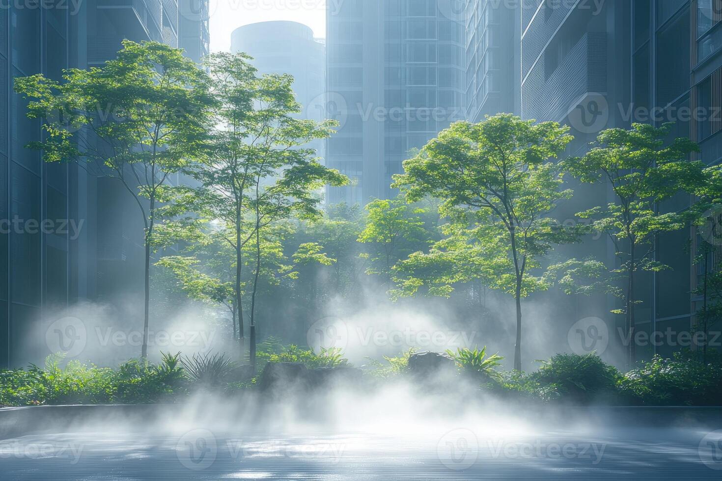 Misty morning cityscape serene green trees modern buildings photo