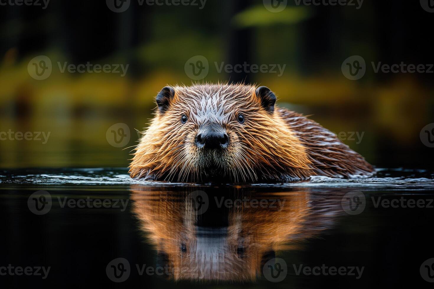 North American Beaver Swimming In Dark Water photo