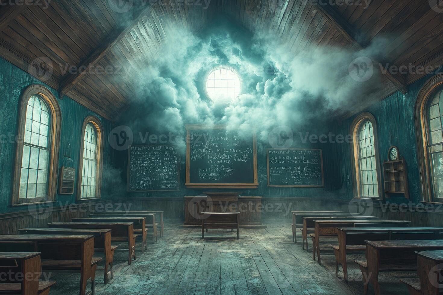 Mystical Old Schoolroom Filled With Fog And Light photo