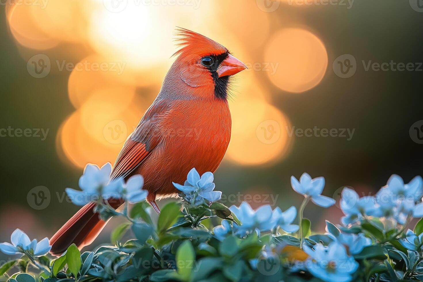 Northern Cardinal Perched Amidst Blue Flowers at Sunset photo