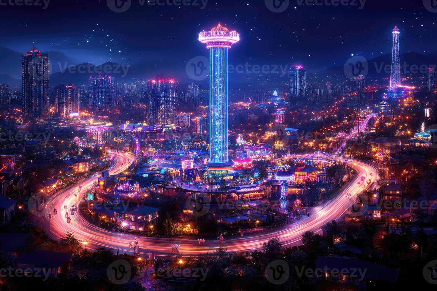 Nighttime Cityscape Illuminated Amusement Park Tower photo