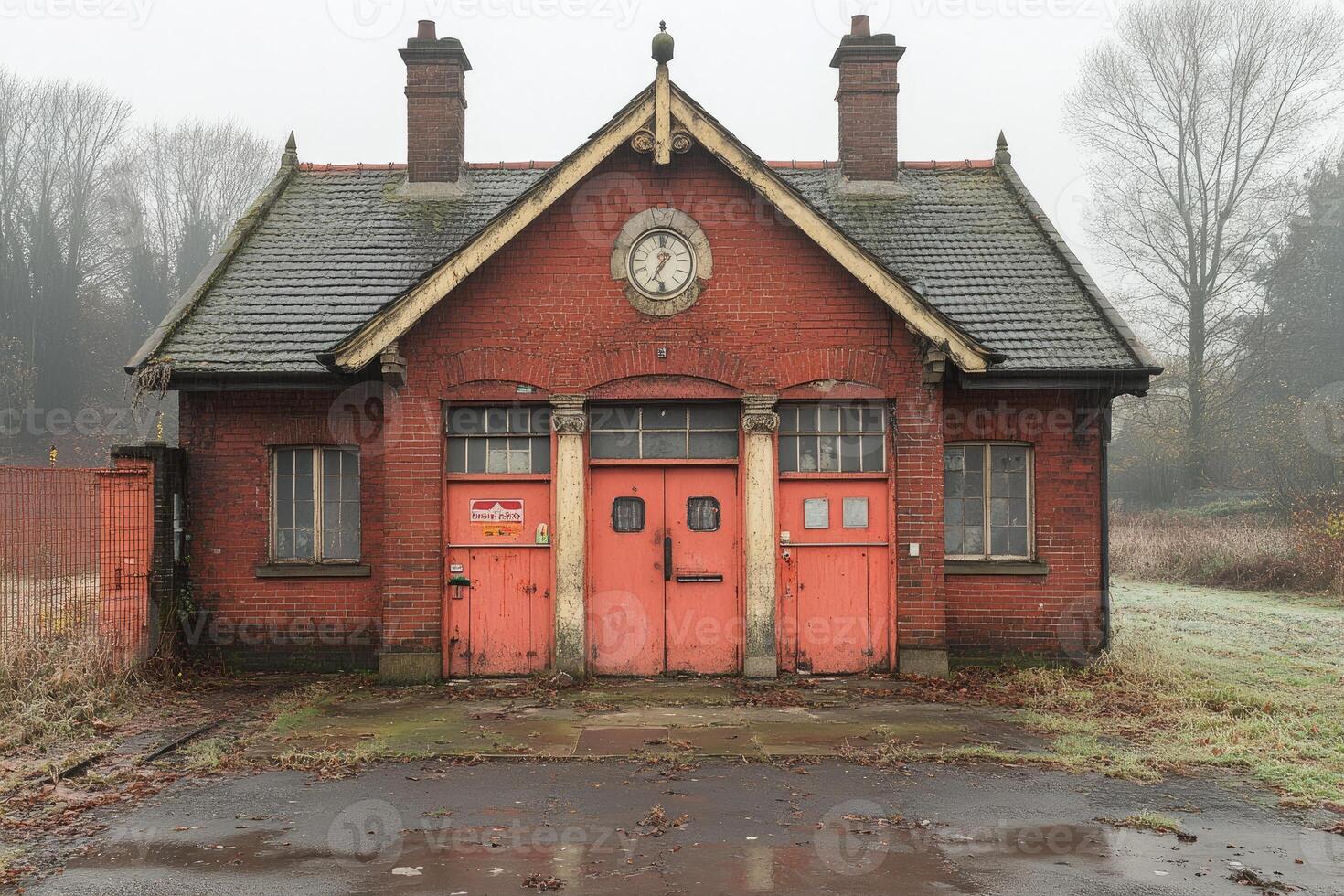 Old Brick Building With Pink Doors And Clock photo