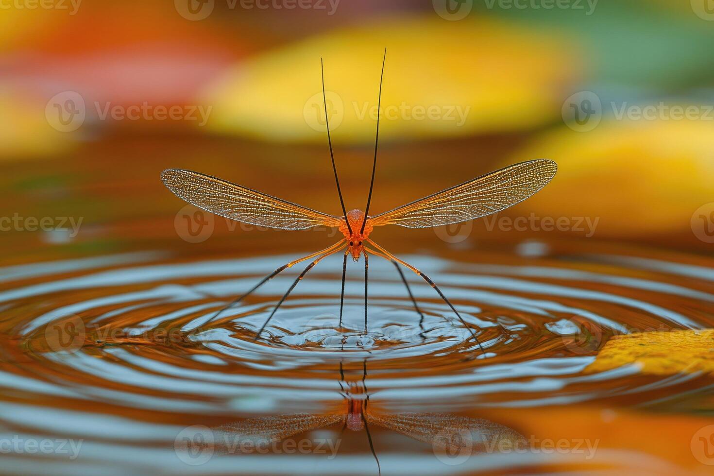 Orange insect on water with autumnal background photo