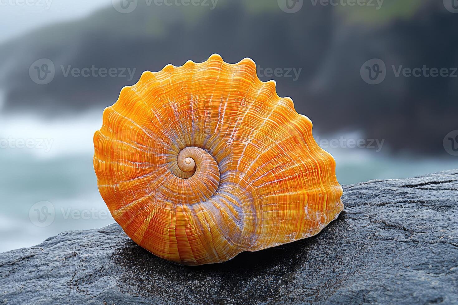 Orange Spiral Seashell Rests On Dark Rock photo