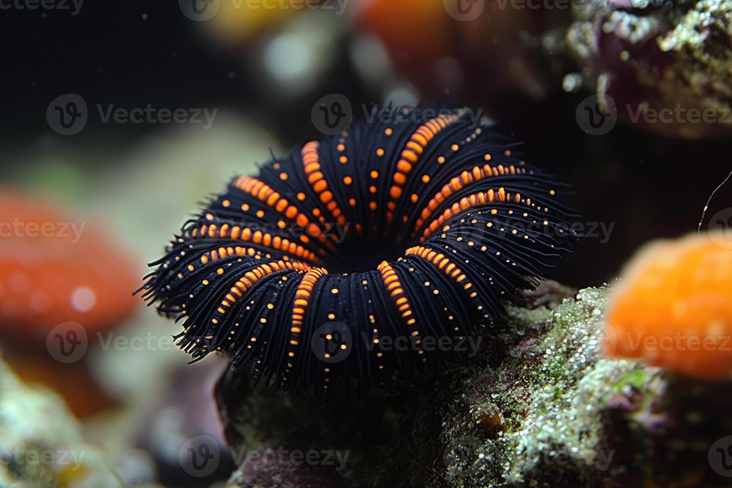 Orange Spotted Black Marine Worm In Aquarium photo
