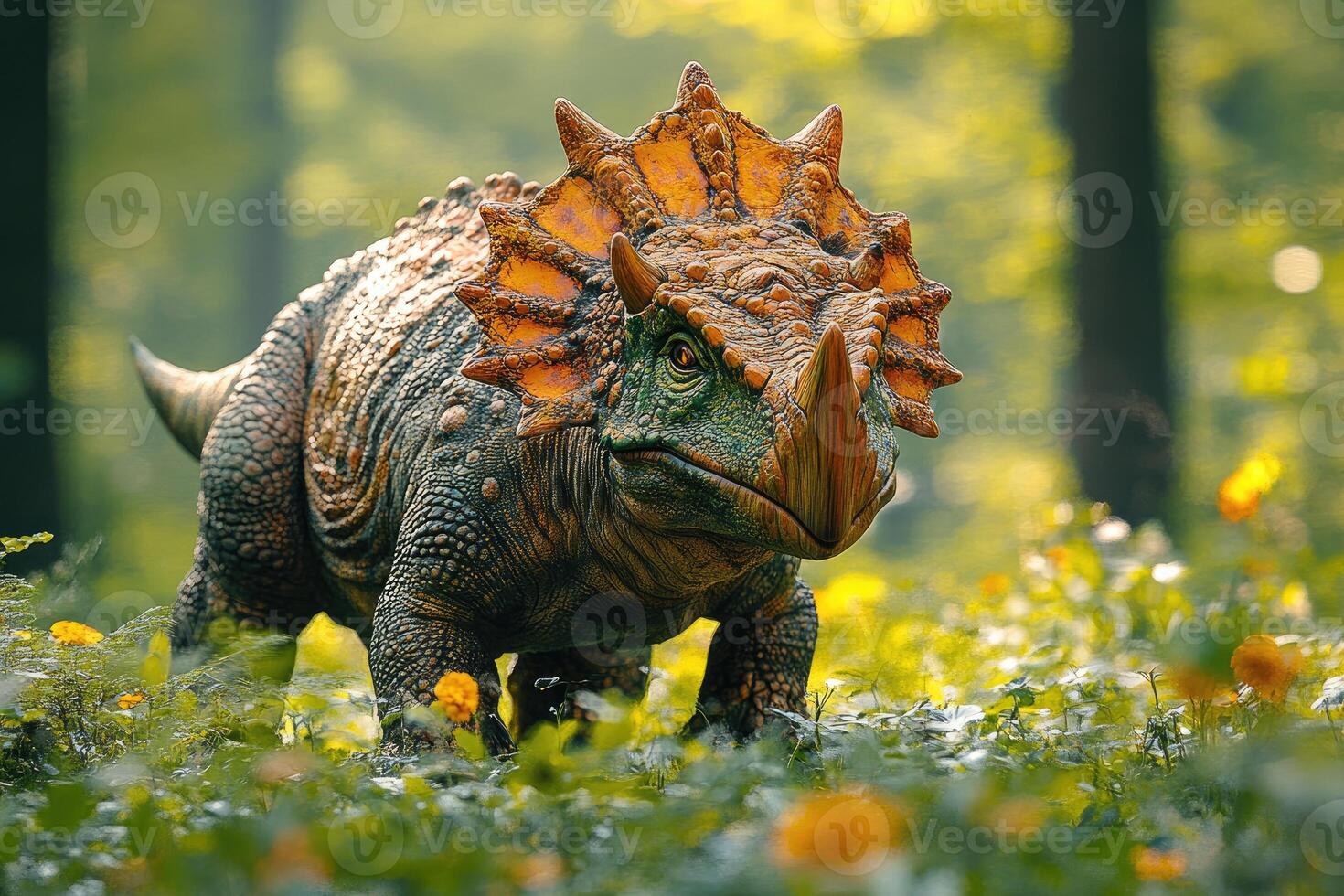 Ornate Dinosaur Amidst Springtime Blossoms photo
