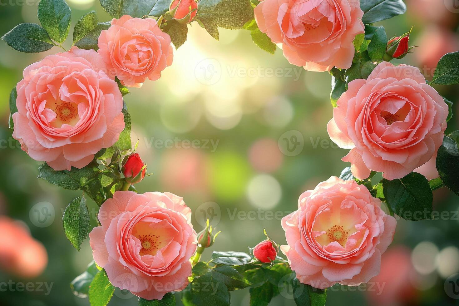 Peach Roses Blooming in a Sunny Garden Circle photo