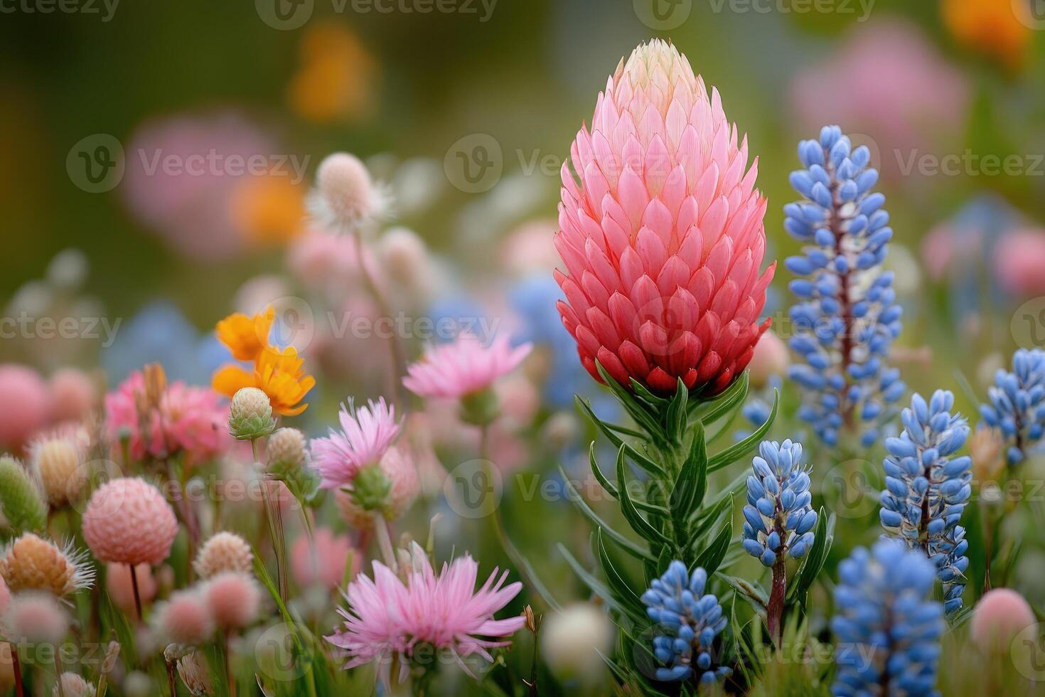 Pink flower blooms amongst a field of wildflowers photo