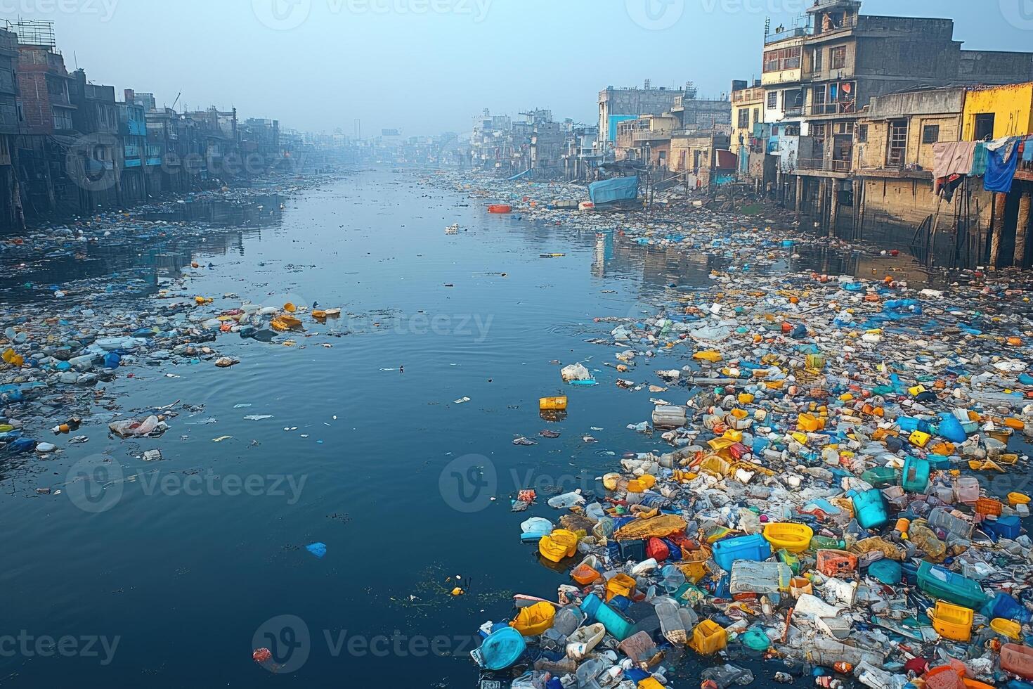Polluted waterway flows through densely populated urban area photo