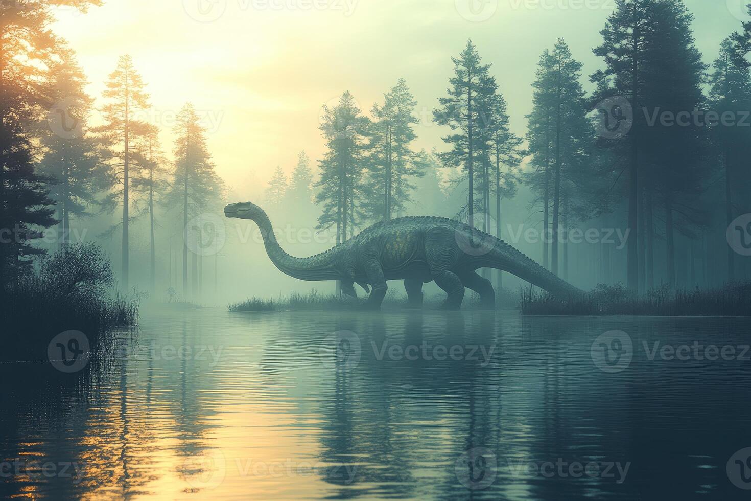 Prehistoric Sauropod Dinosaur in Misty Forest Lake photo