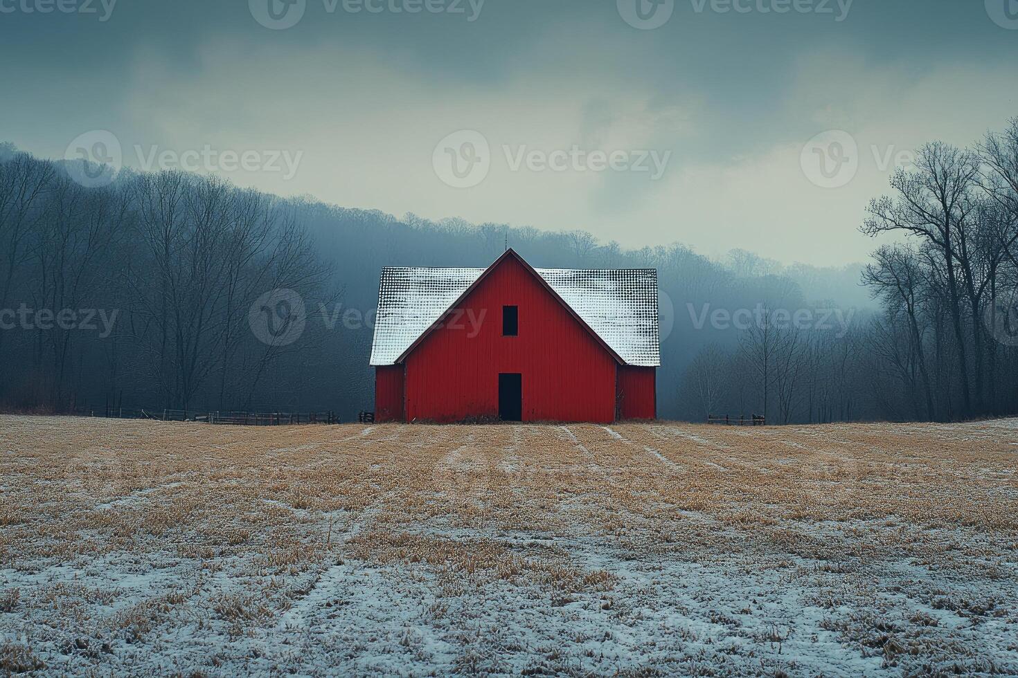Red Barn in a Winter Landscape Scene photo