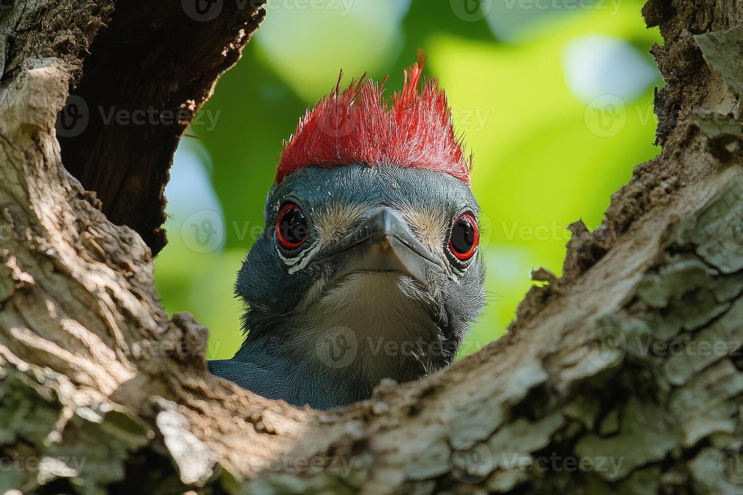 Red crested bird peeking from tree hole photo