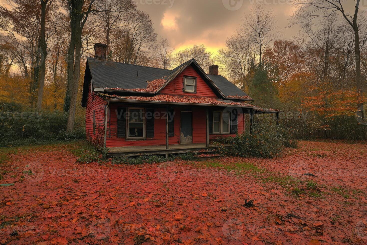 Red House Autumn Leaves Forest Setting photo