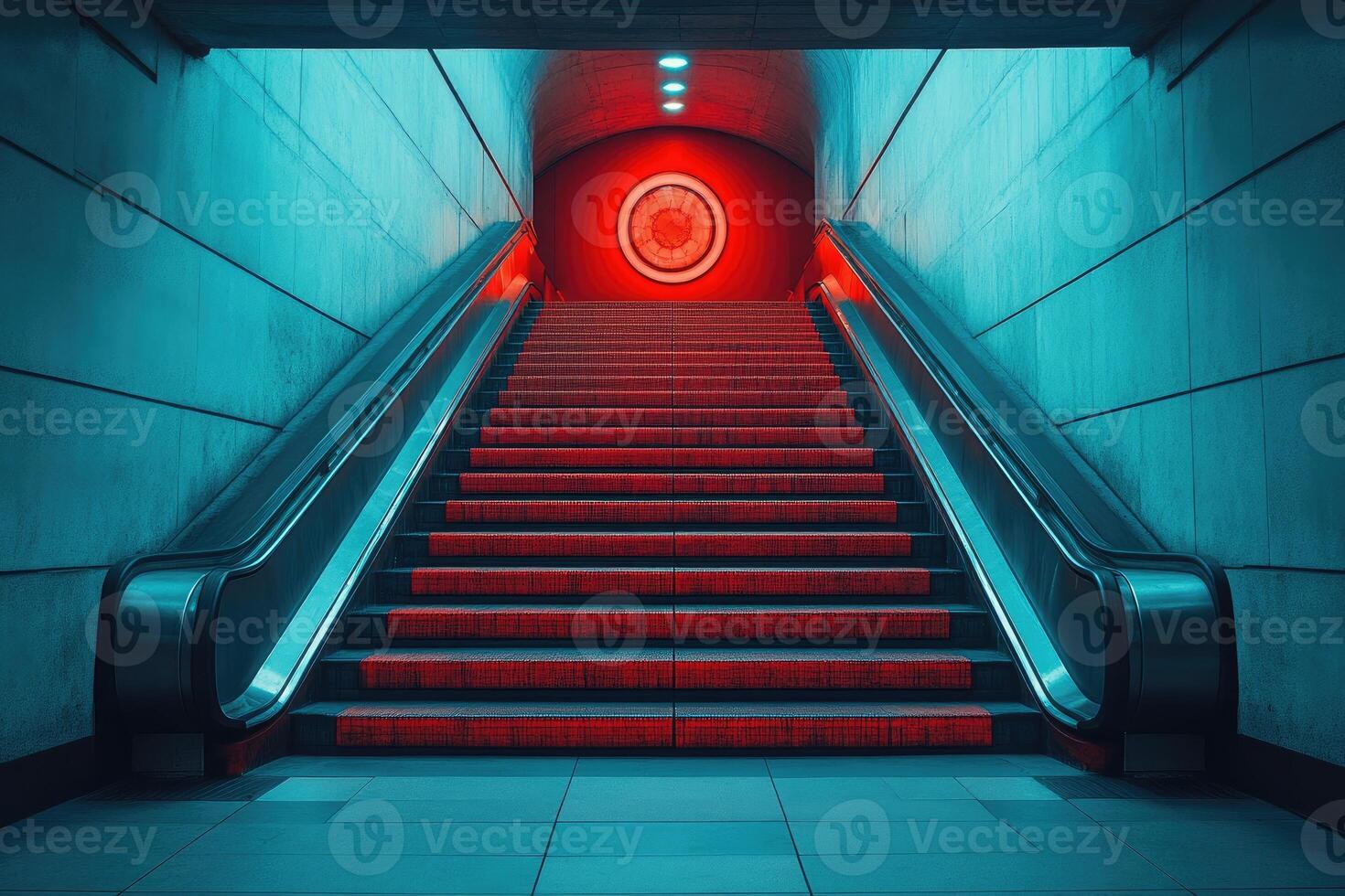 Red stairs and escalator in a modern underground passage photo