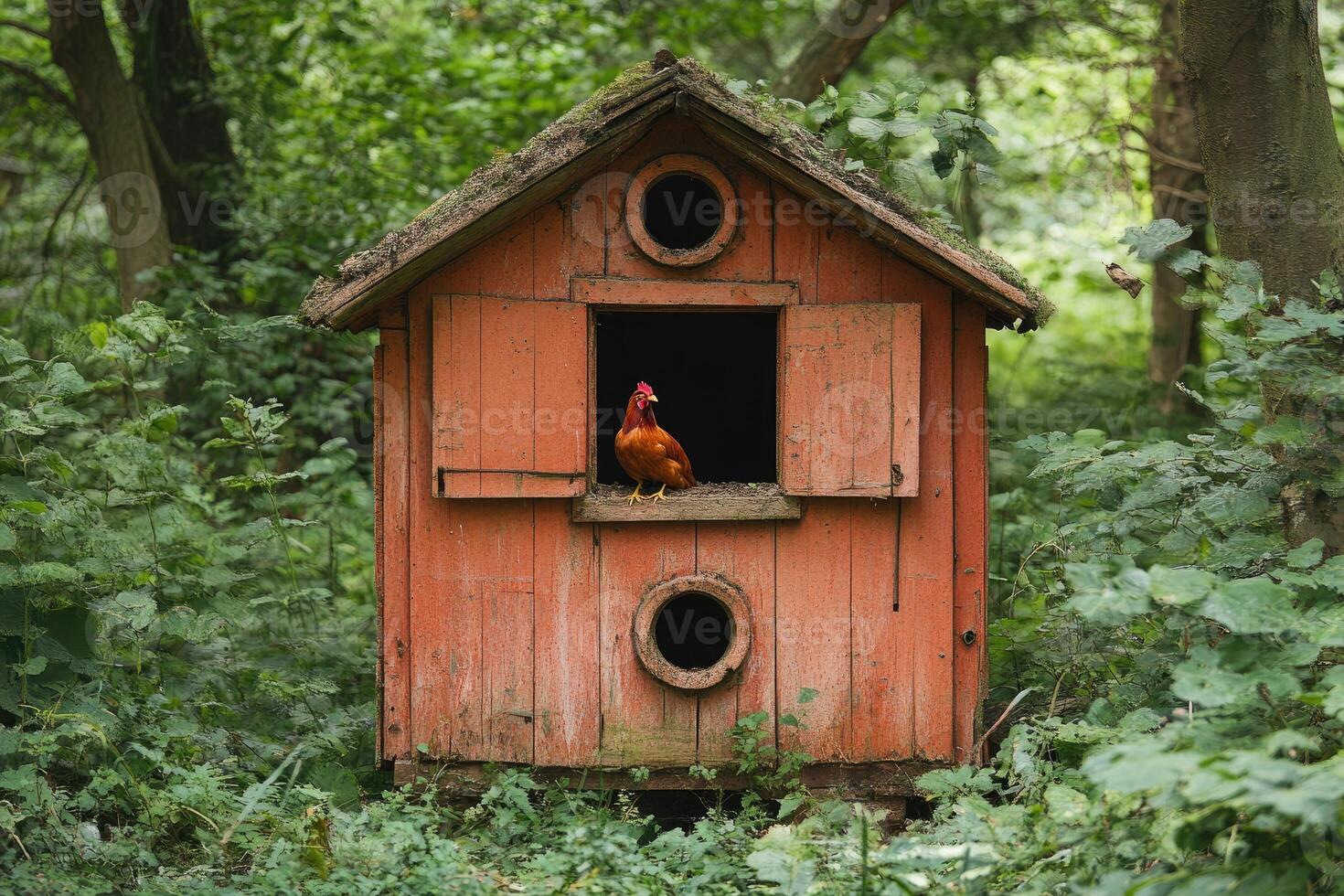 Rooster in Old Wooden Coop Nestled in Woods photo