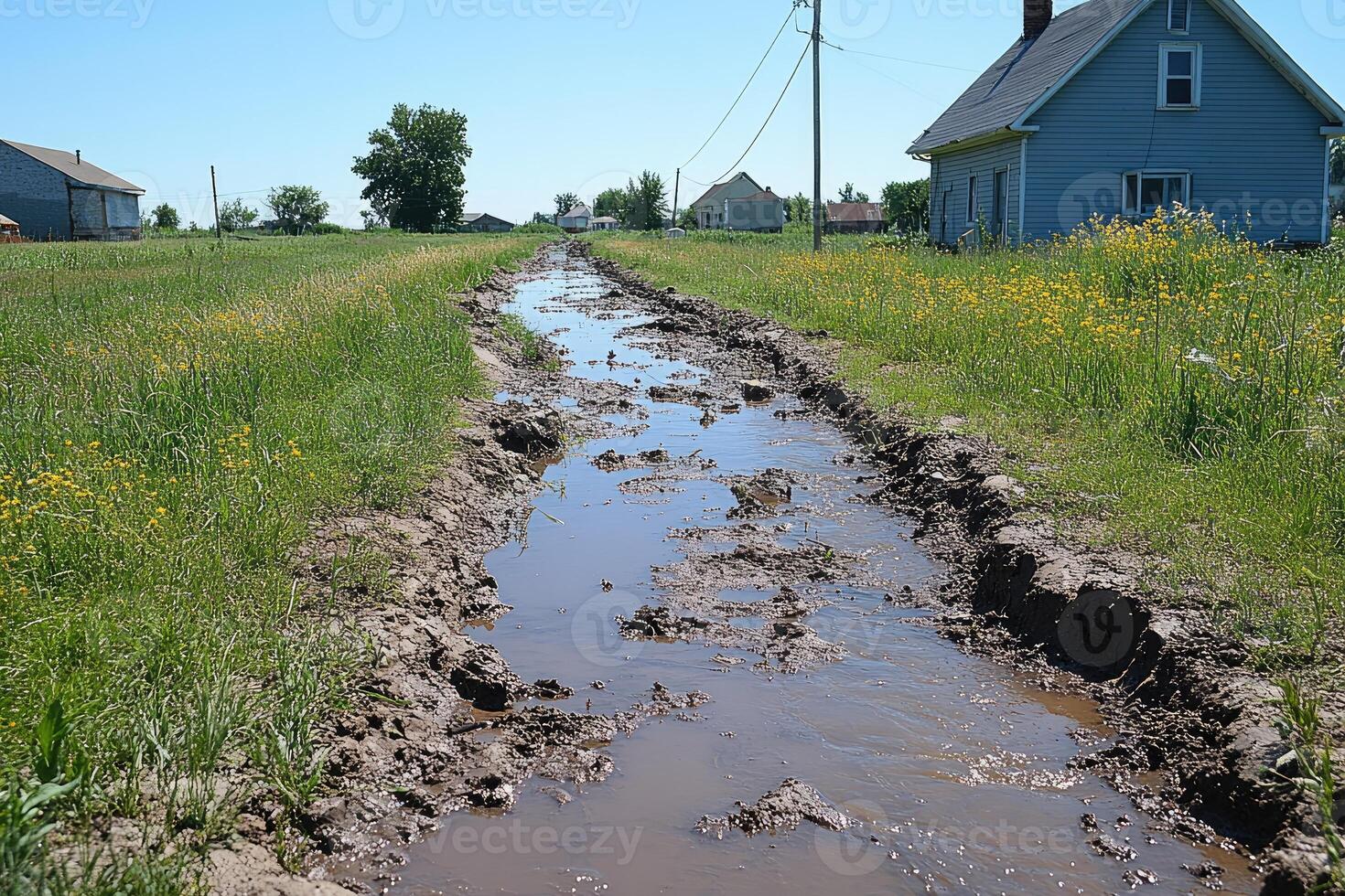 Rural Roadway Flooded Muddy Water Houses photo