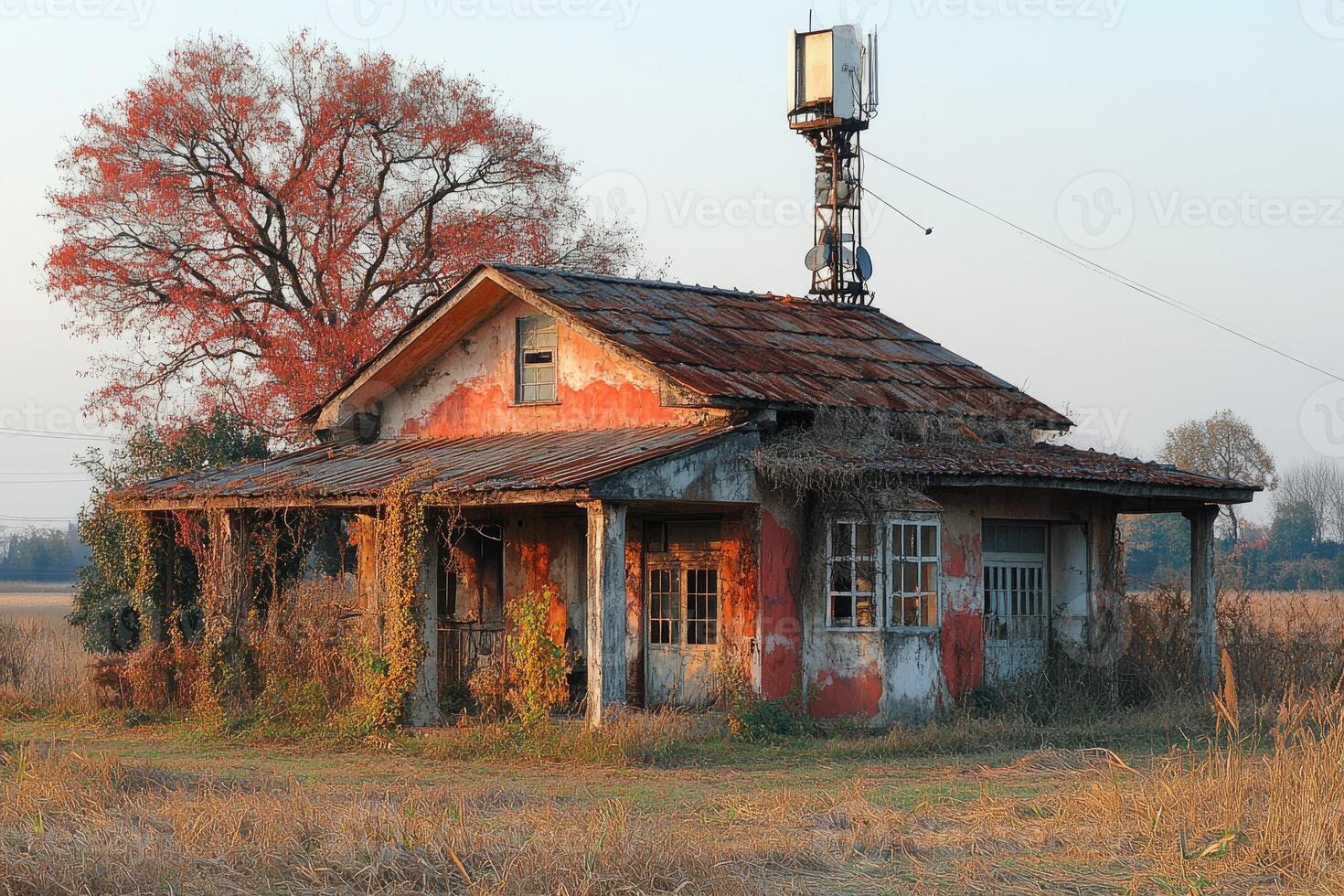 Ruined Rural House With Autumnal Tree And Antenna photo