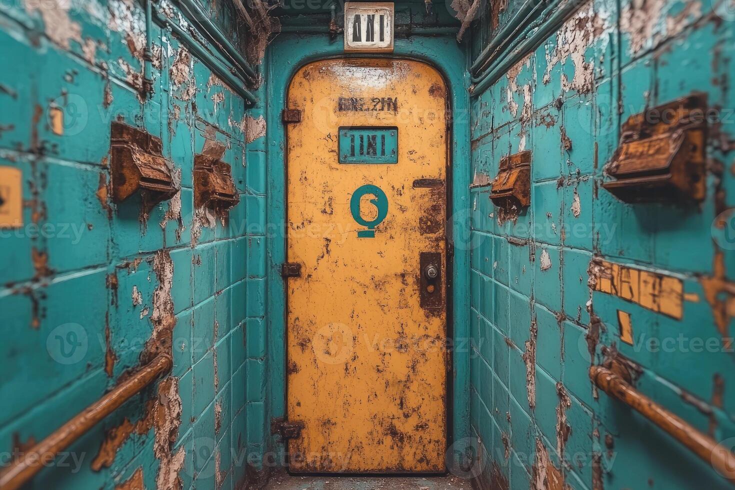 Rusted Doorway In A Decaying Teal Building photo