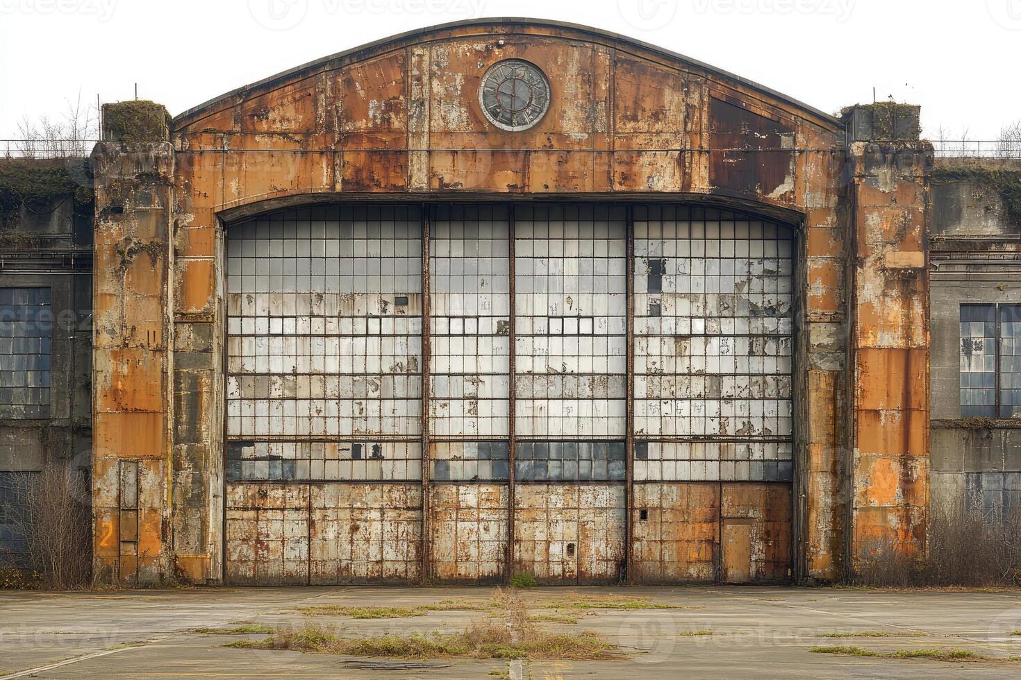 Rusted Hangar Door With Clock And Weathered Walls photo