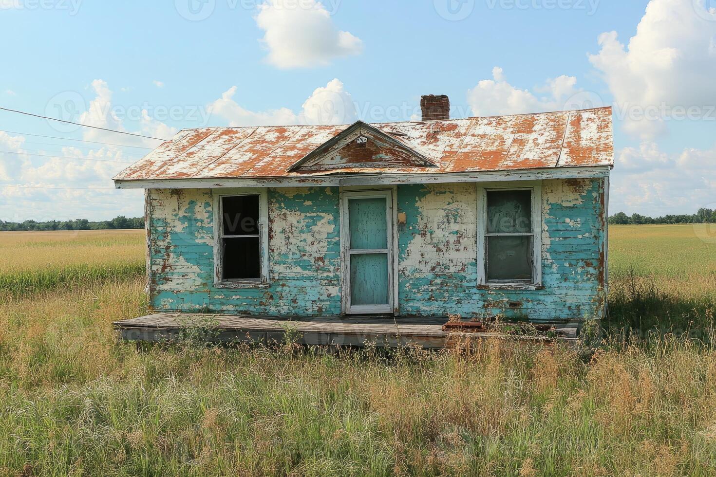 Rustic weathered cottage stands in a field photo